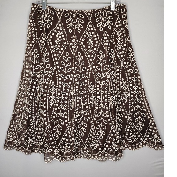 Peter‎ Nygard Embroidery Eyelet Silk Skirt Boho Brown Size 14 side Zipper - Picture 1 of 6